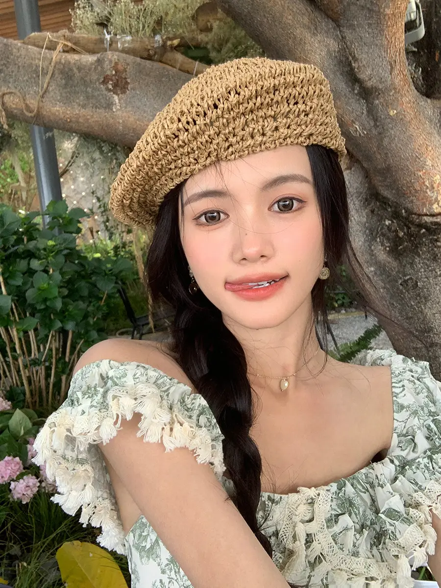 Women's Straw Hat Wide Brim Summer Cap Pink Letter - Image 6