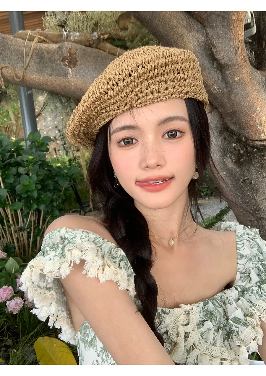 Women's Straw Hat Wide Brim Summer Cap Pink Letter — feature 4
