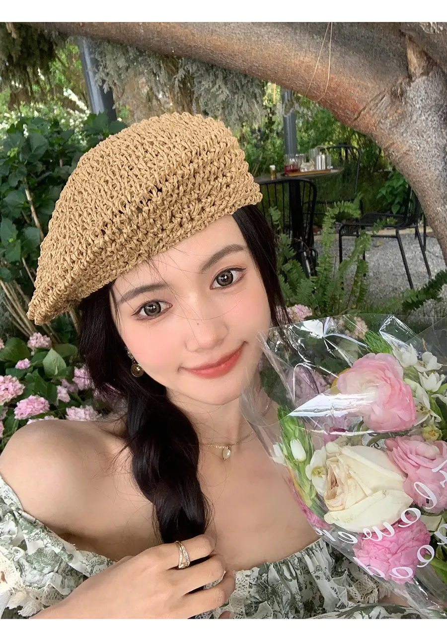 Women's Straw Hat Wide Brim Summer Cap Pink Letter — feature 7