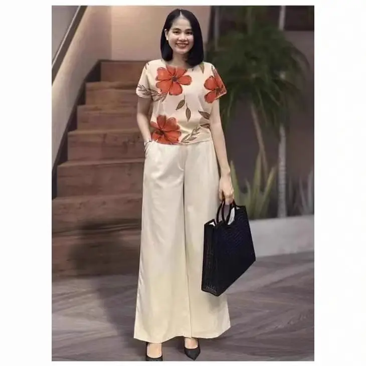 2025 Summer Cross-border Trousers Set Blue Printed Loose Fit - Image 7