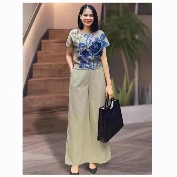 2025 Summer Cross-border Trousers Set Blue Printed Loose Fit - Image 8