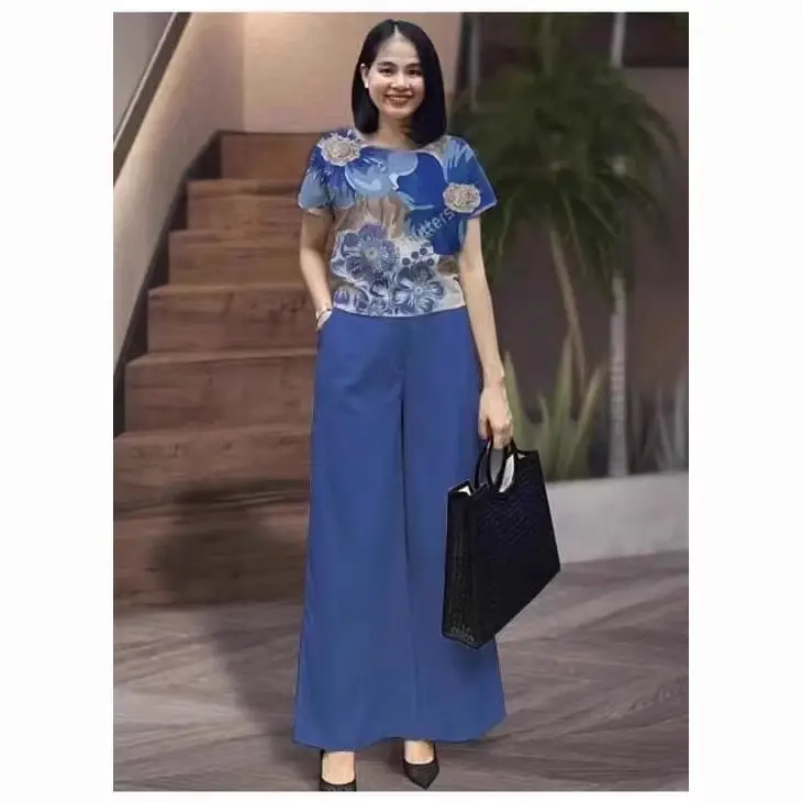 2025 Summer Cross-border Trousers Set Blue Printed Loose Fit - Image 9