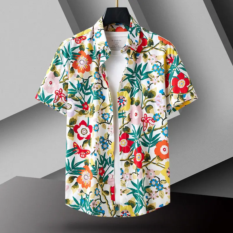 Men Cotton Floral Short Sleeve Shirt Orange White