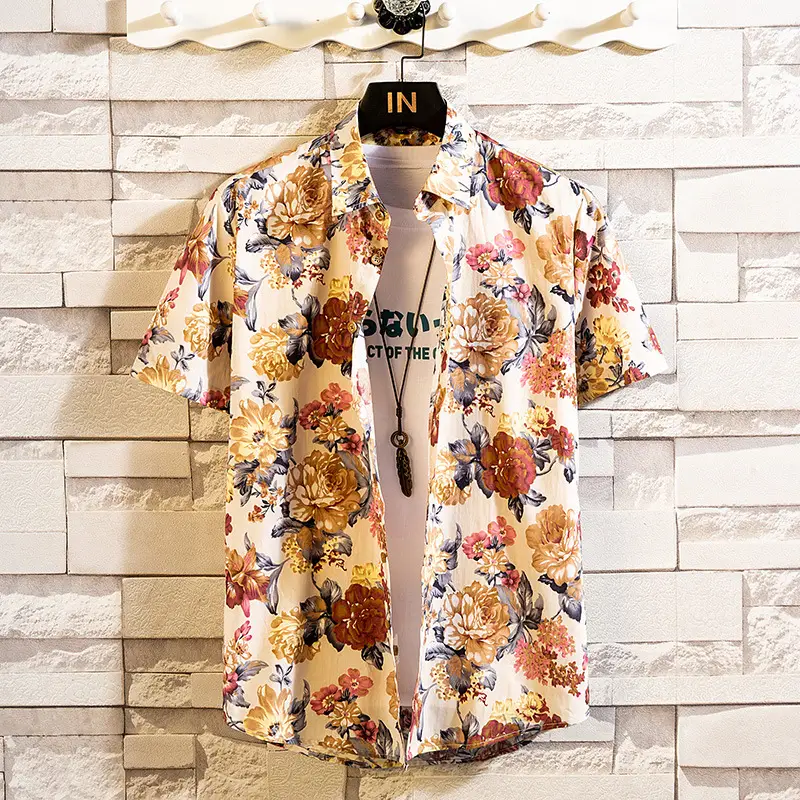 Men Cotton Floral Short Sleeve Shirt Orange White