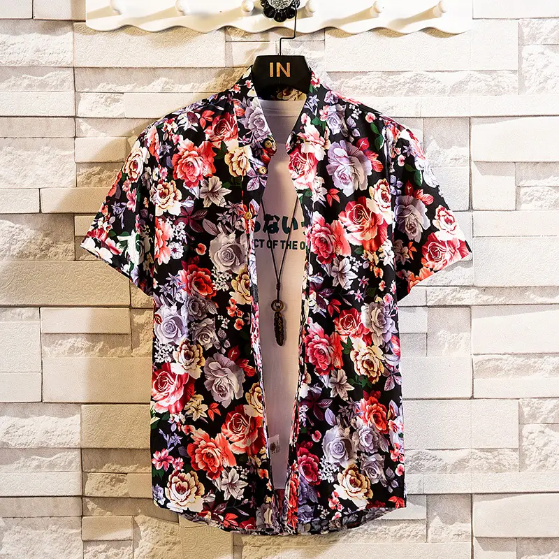 Men Cotton Floral Short Sleeve Shirt Orange White