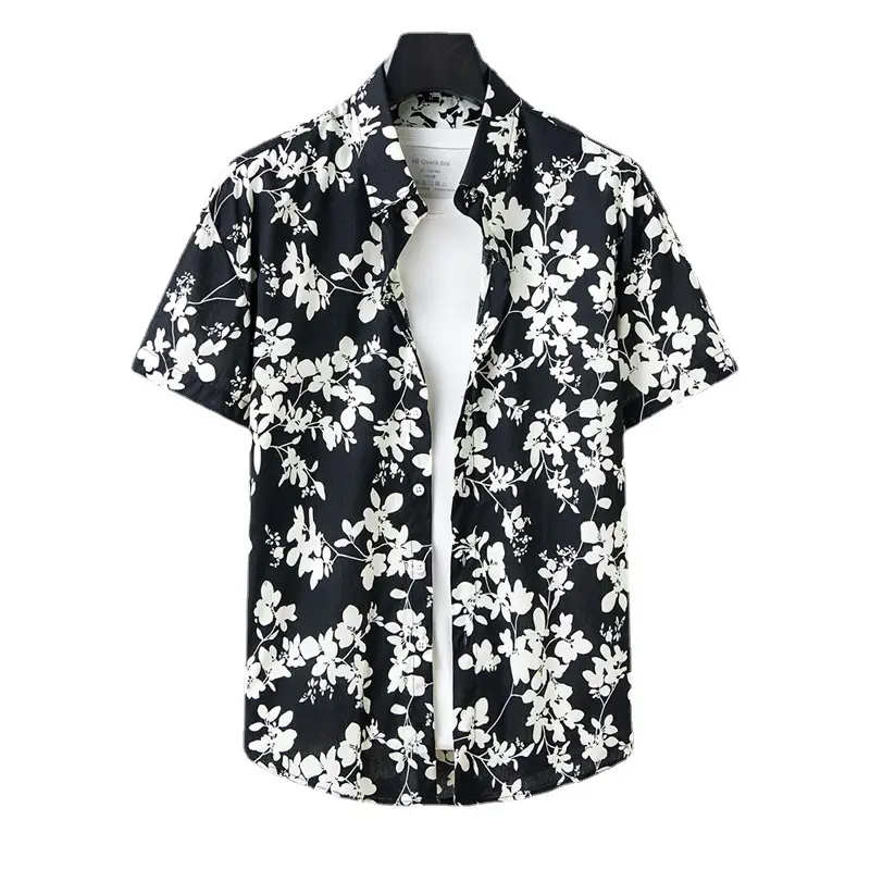 Men Cotton Floral Short Sleeve Shirt Orange White
