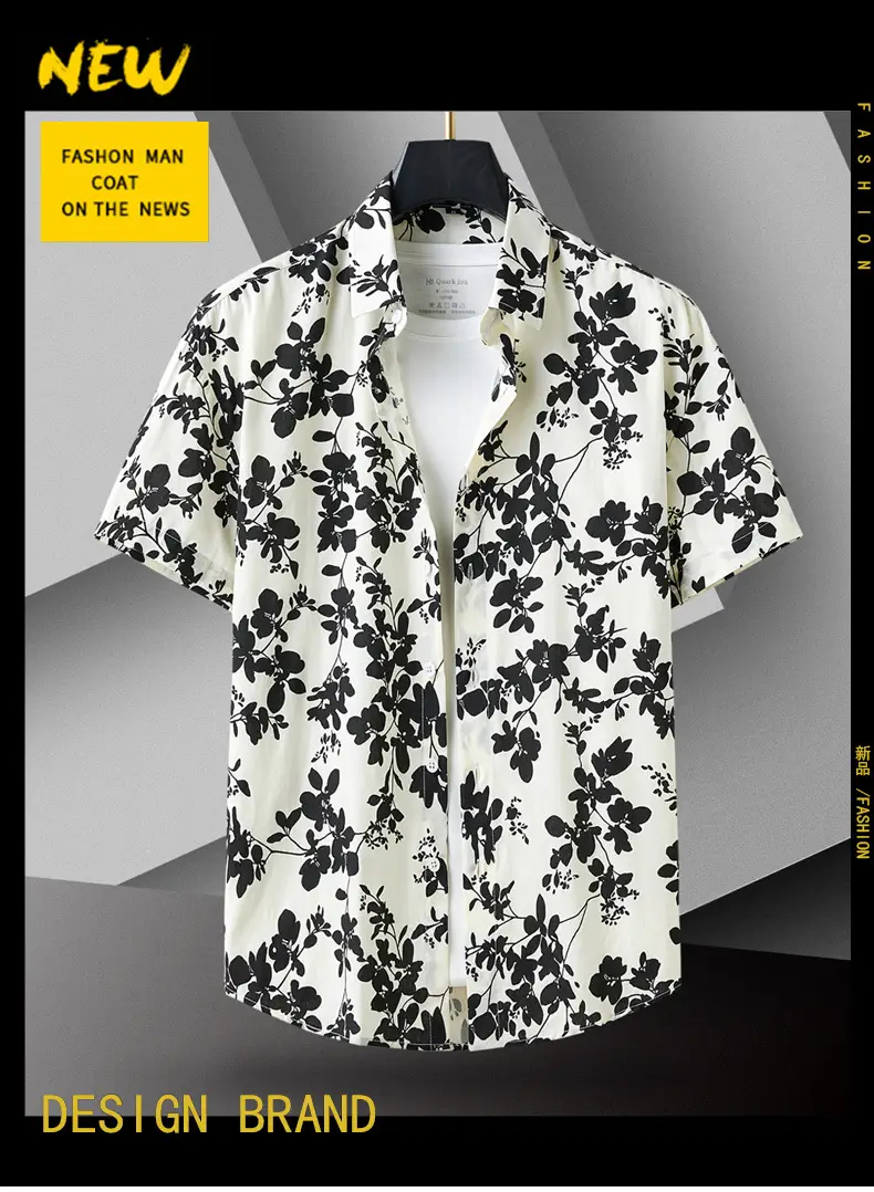 Men Cotton Floral Short Sleeve Shirt Orange White — feature 1