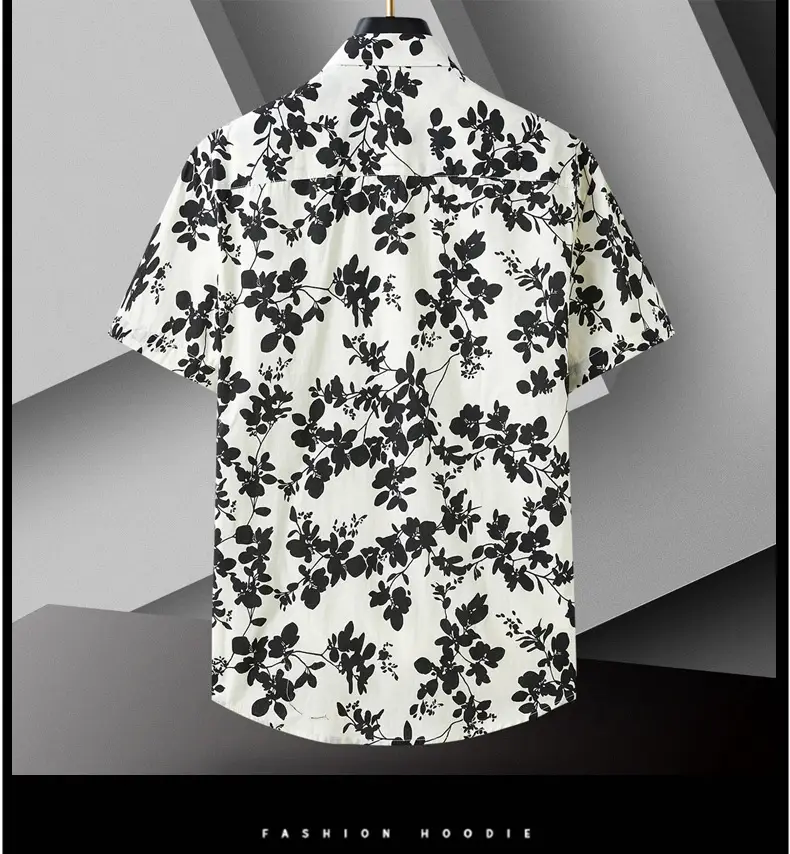 Men Cotton Floral Short Sleeve Shirt Orange White — feature 10
