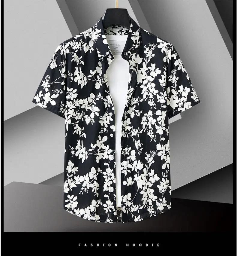 Men Cotton Floral Short Sleeve Shirt Orange White — feature 11