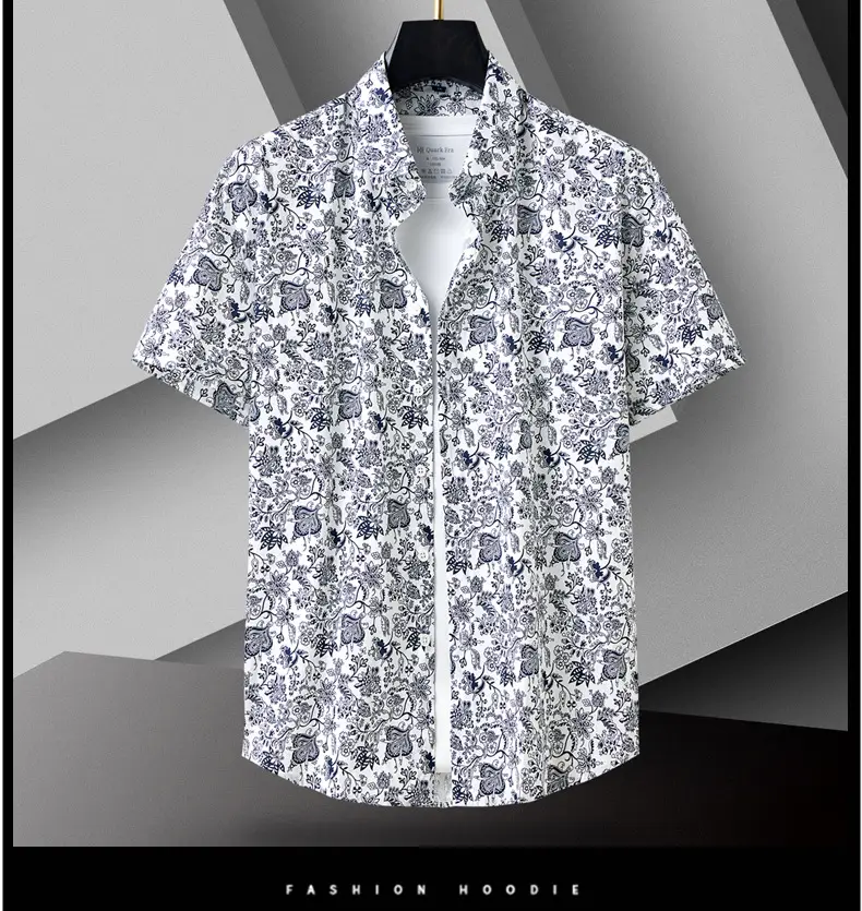 Men Cotton Floral Short Sleeve Shirt Orange White — feature 12