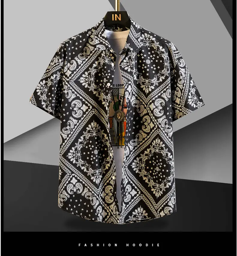 Men Cotton Floral Short Sleeve Shirt Orange White — feature 13