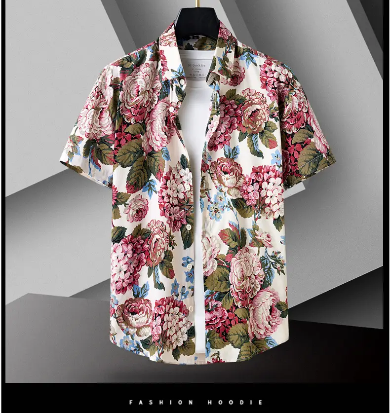 Men Cotton Floral Short Sleeve Shirt Orange White — feature 14