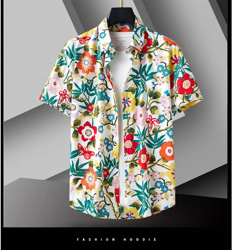 Men Cotton Floral Short Sleeve Shirt Orange White — feature 15