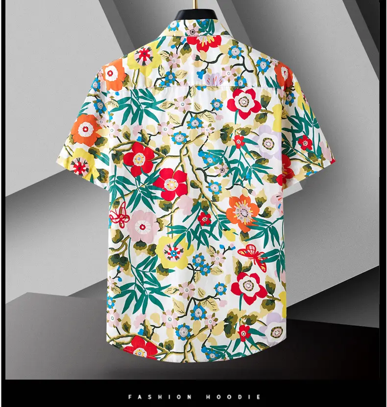Men Cotton Floral Short Sleeve Shirt Orange White — feature 16