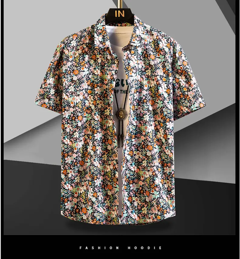 Men Cotton Floral Short Sleeve Shirt Orange White — feature 17