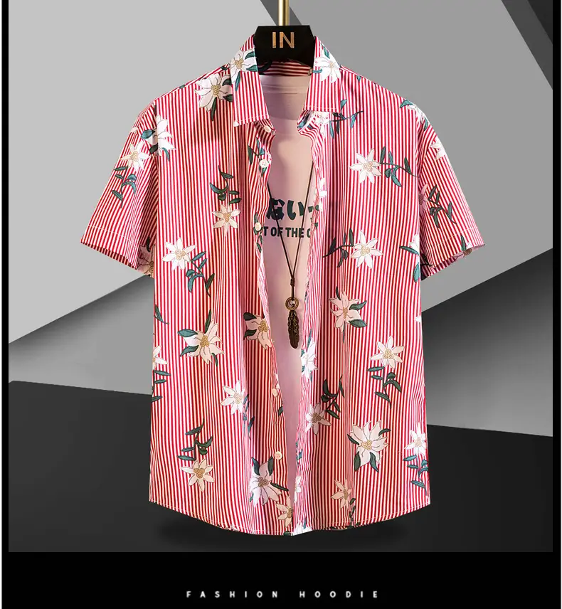 Men Cotton Floral Short Sleeve Shirt Orange White — feature 18