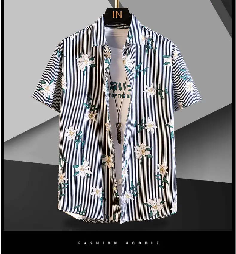 Men Cotton Floral Short Sleeve Shirt Orange White — feature 19