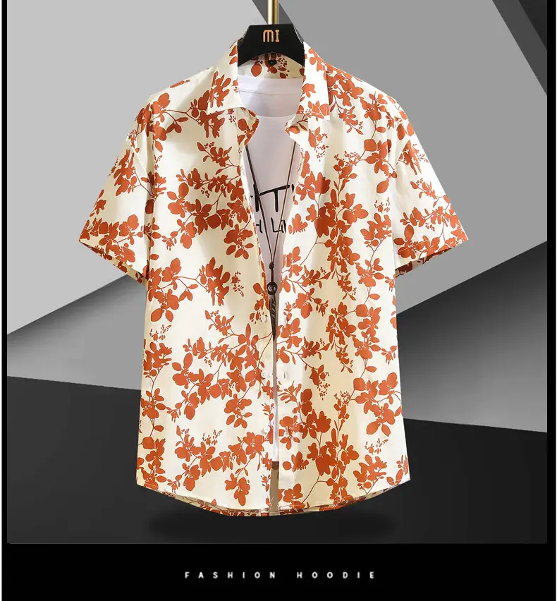 Men Cotton Floral Short Sleeve Shirt Orange White — feature 21