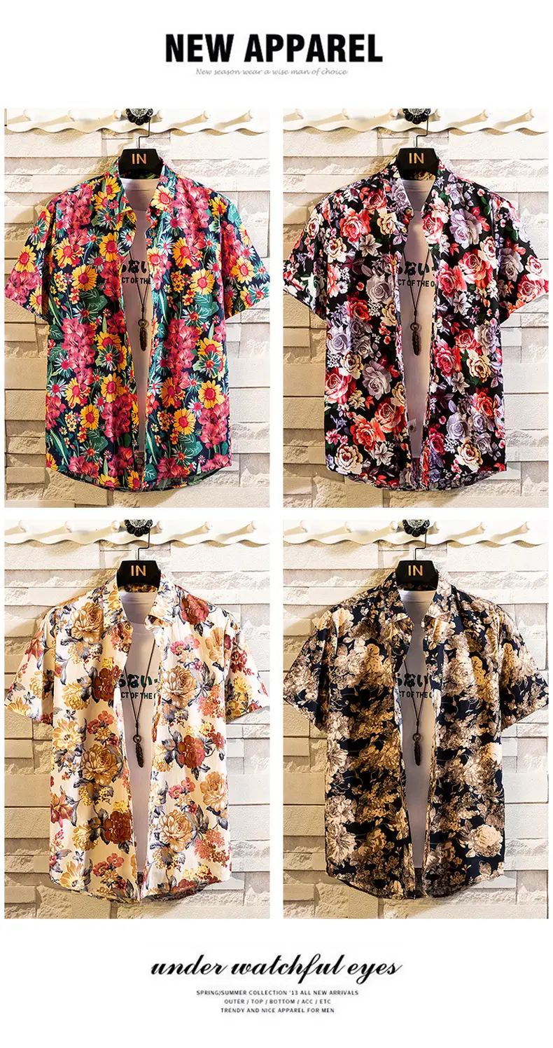 Men Cotton Floral Short Sleeve Shirt Orange White — feature 28