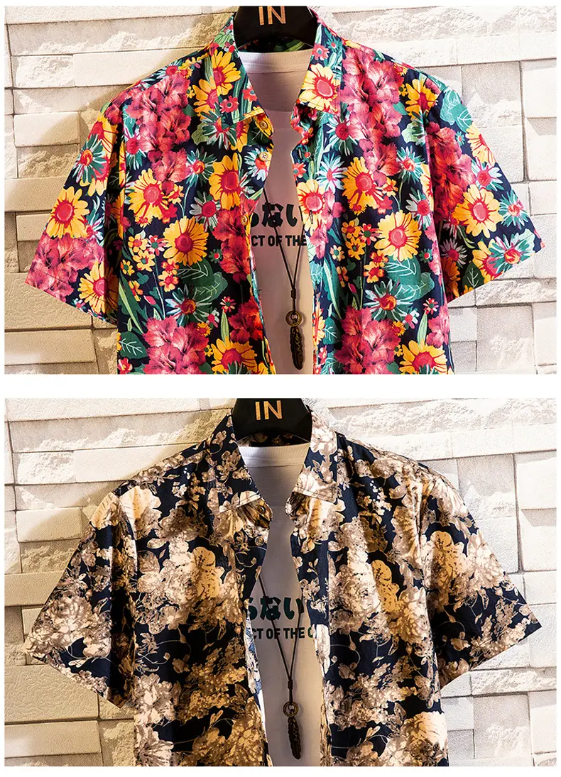 Men Cotton Floral Short Sleeve Shirt Orange White — feature 34
