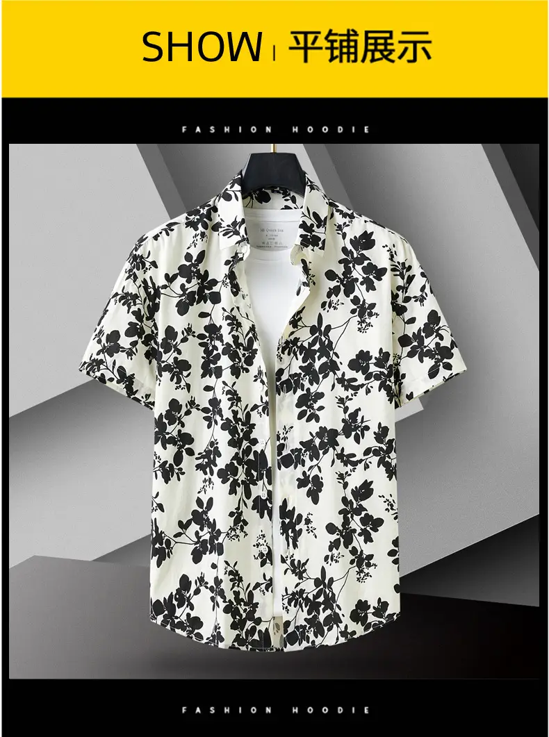 Men Cotton Floral Short Sleeve Shirt Orange White — feature 9
