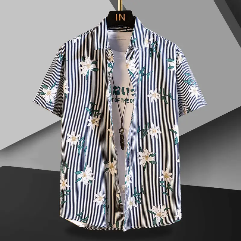 Men Cotton Floral Short Sleeve Shirt Orange White
