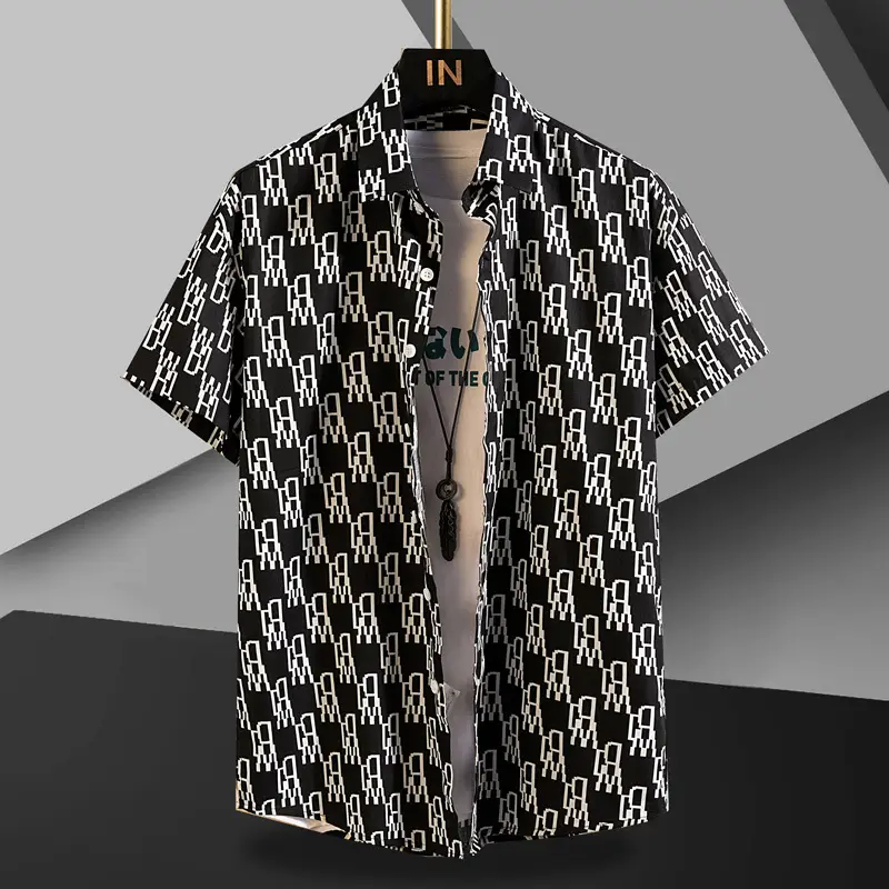 Men Cotton Floral Short Sleeve Shirt Orange White