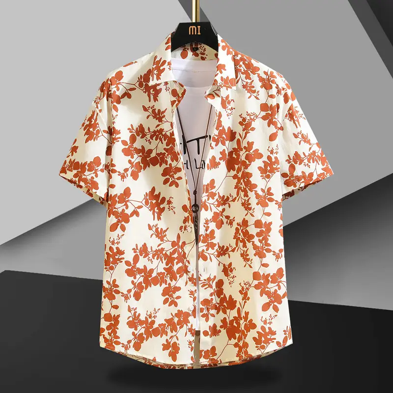 Men Cotton Floral Short Sleeve Shirt Orange White