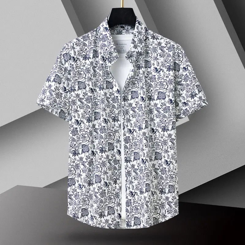 Men Cotton Floral Short Sleeve Shirt Orange White