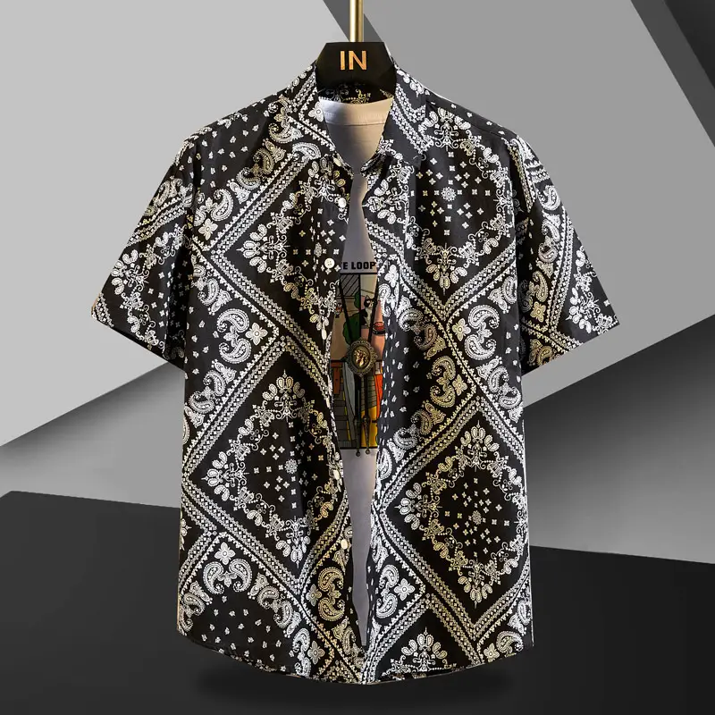 Men Cotton Floral Short Sleeve Shirt Orange White