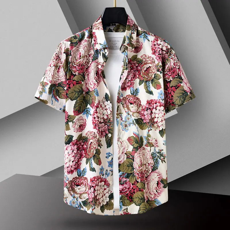 Men Cotton Floral Short Sleeve Shirt Orange White