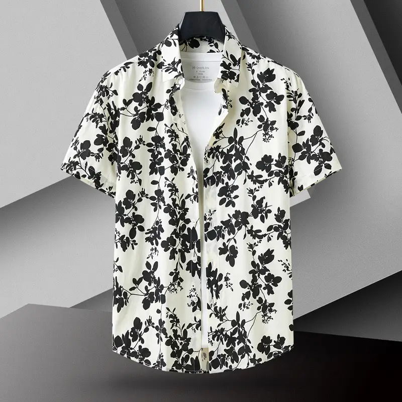 Men Cotton Floral Short Sleeve Shirt Orange White