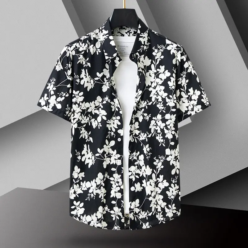 Men Cotton Floral Short Sleeve Shirt Orange White