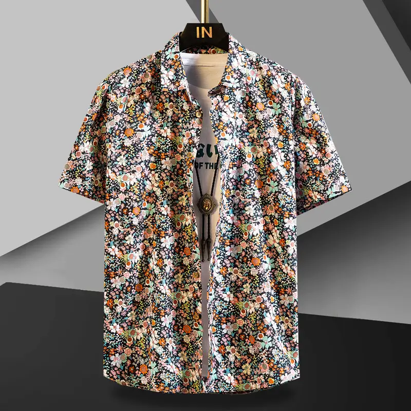 Men Cotton Floral Short Sleeve Shirt Orange White