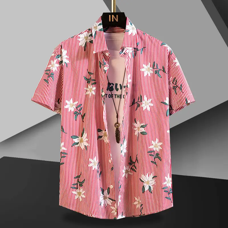 Men Cotton Floral Short Sleeve Shirt Orange White