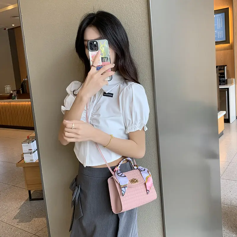 Women's Embossed Crossbody Scarf Bag Pink Gold - Image 8