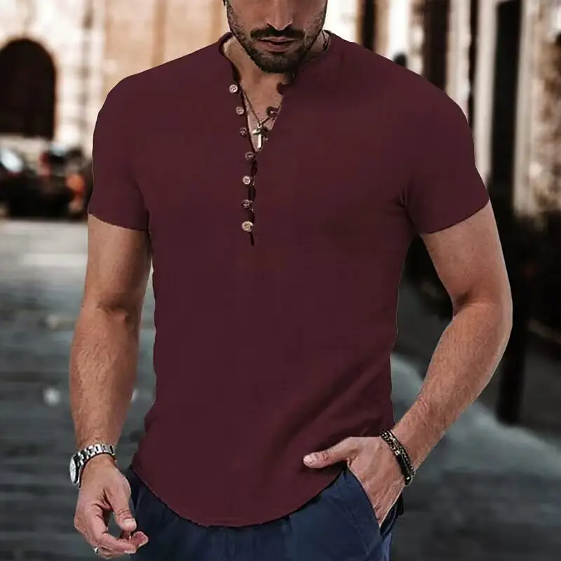 Men Linen V-Neck Shirt Maroon 2023 - Image 9