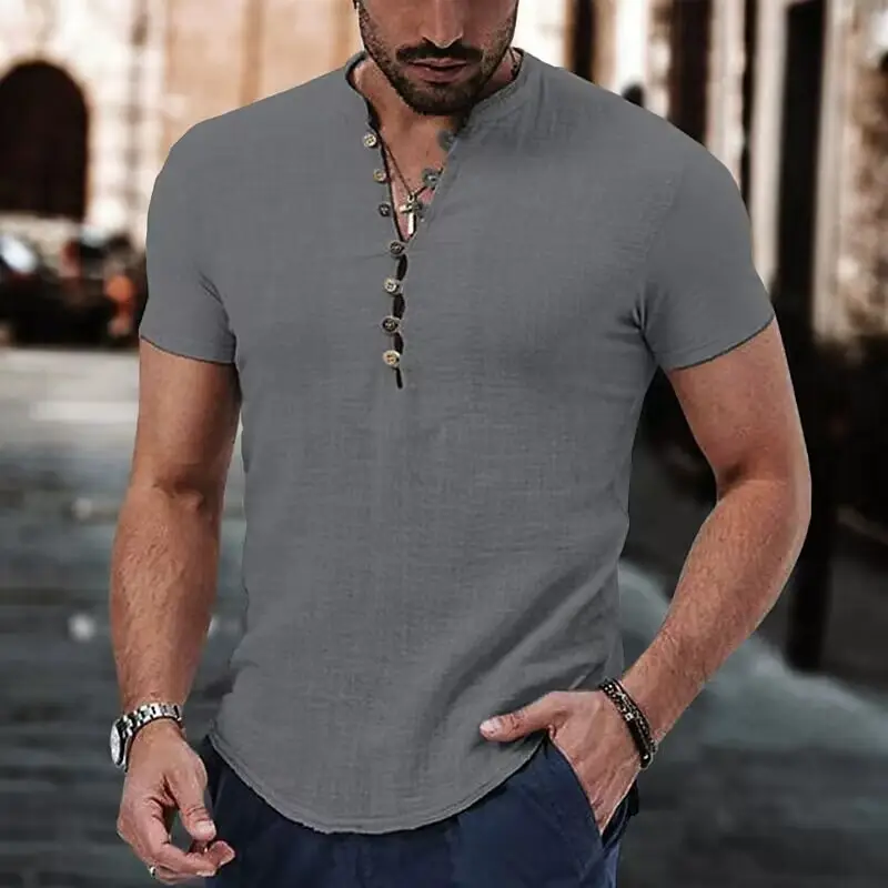 Men Linen V-Neck Shirt Maroon 2023 - Image 11