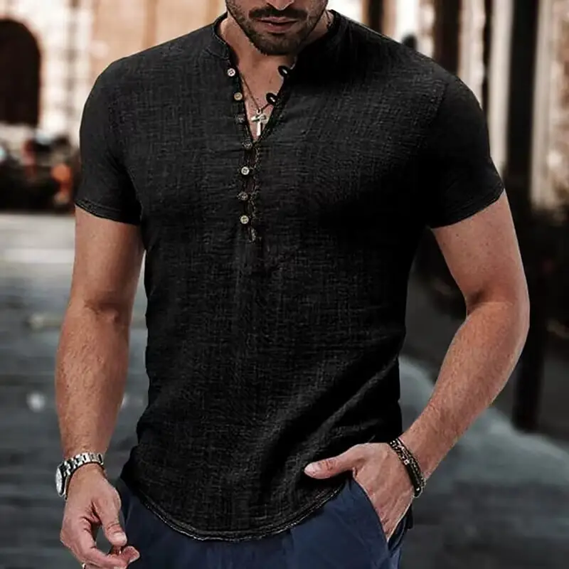 Men Linen V-Neck Shirt Maroon 2023 - Image 3