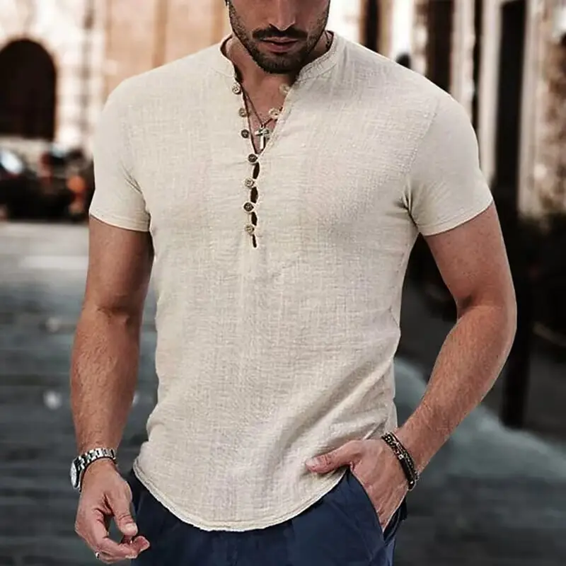Men Linen V-Neck Shirt Maroon 2023 - Image 4