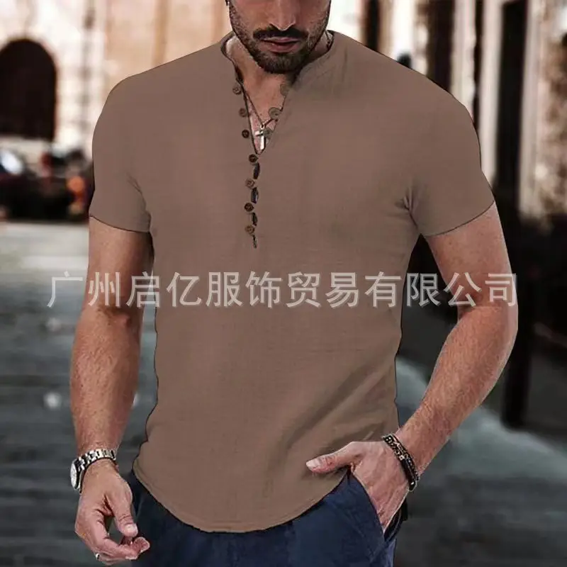 Men Linen V-Neck Shirt Maroon 2023 - Image 6