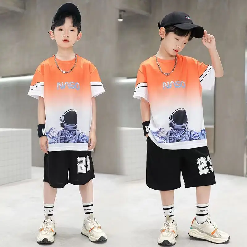 Boys Orange Gradient T-Shirt Shorts Set Summer 2025 - Image 2