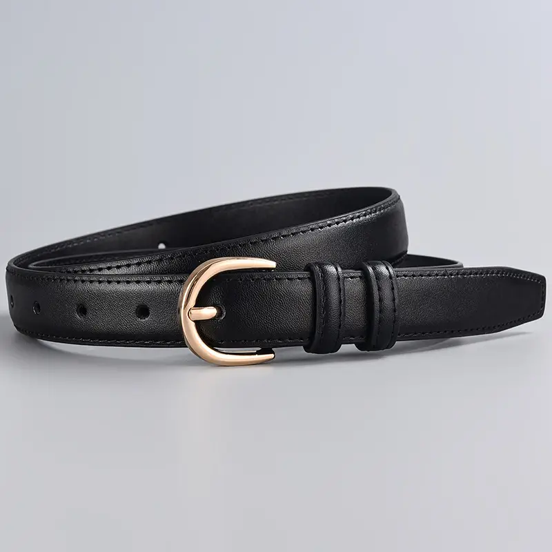Women's Beige Leather Belt with Gold Buckle Ice Casual Style