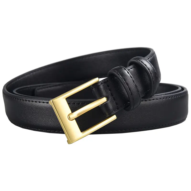 Women's Black Leather Belt with Gold Buckle - Image 9