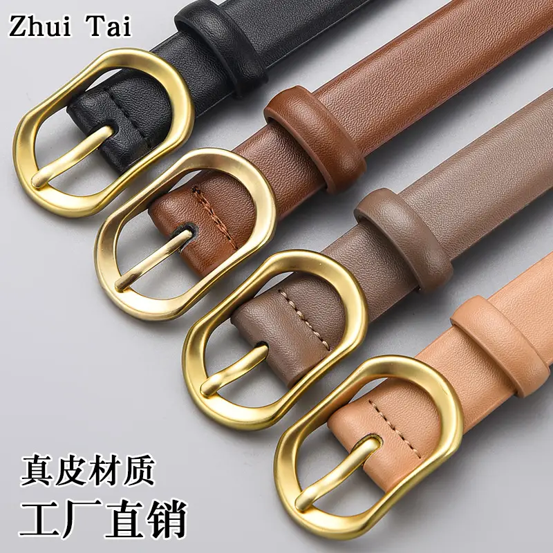 Women's Black Genuine Leather Belt with Gold Buckle - Image 5