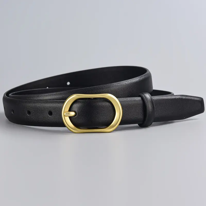 Women's Black Genuine Leather Belt with Gold Buckle - Image 7