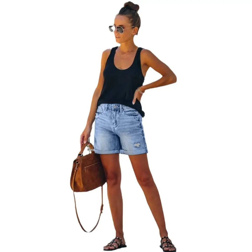 Women Denim Shorts High Waist Tassel Ripped Large