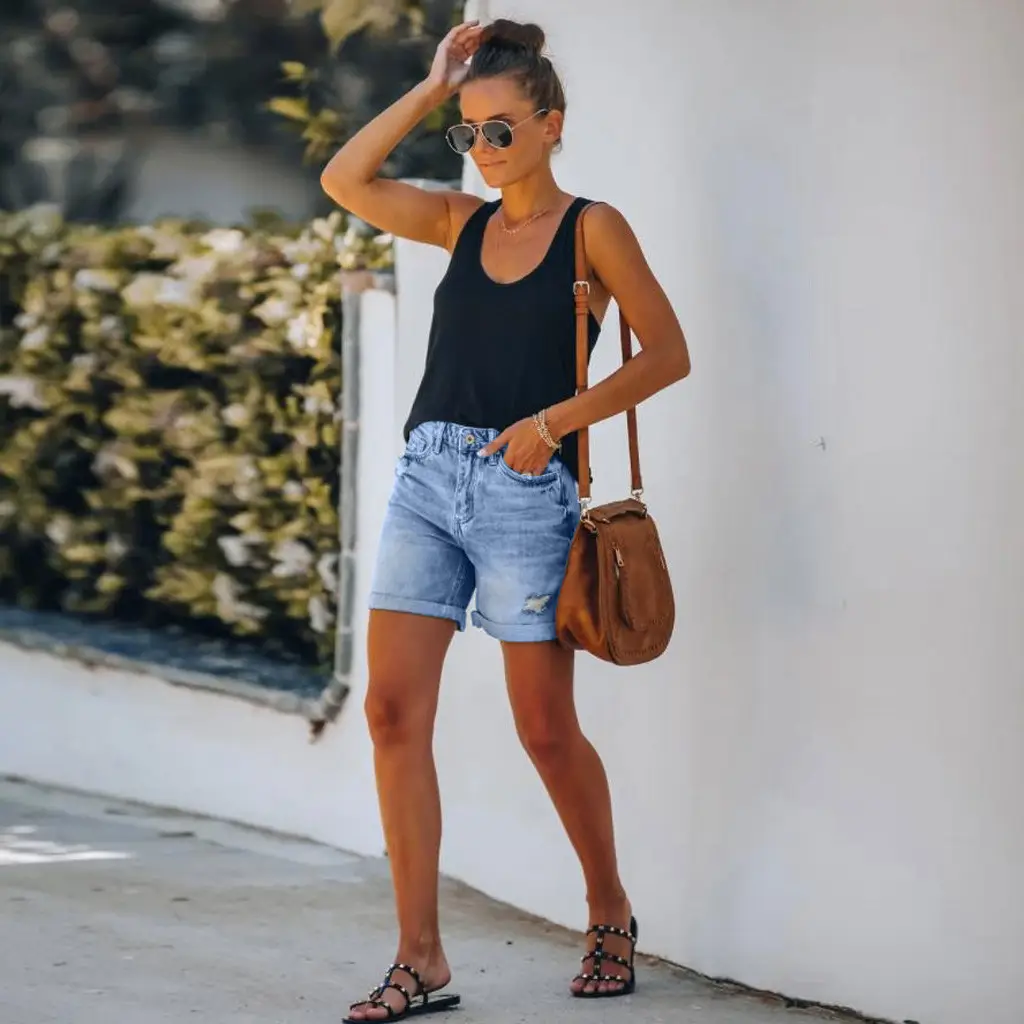 Women Denim Shorts High Waist Tassel Ripped Large — feature 5