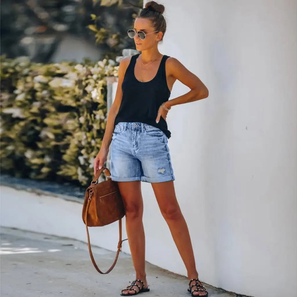 Women Denim Shorts High Waist Tassel Ripped Large — feature 9
