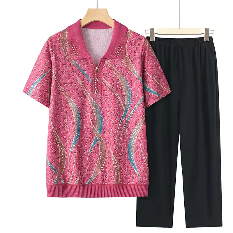 Middle-aged Elderly Summer T-shirt Knitted Green Leaf Pattern Black Pants - Image 12